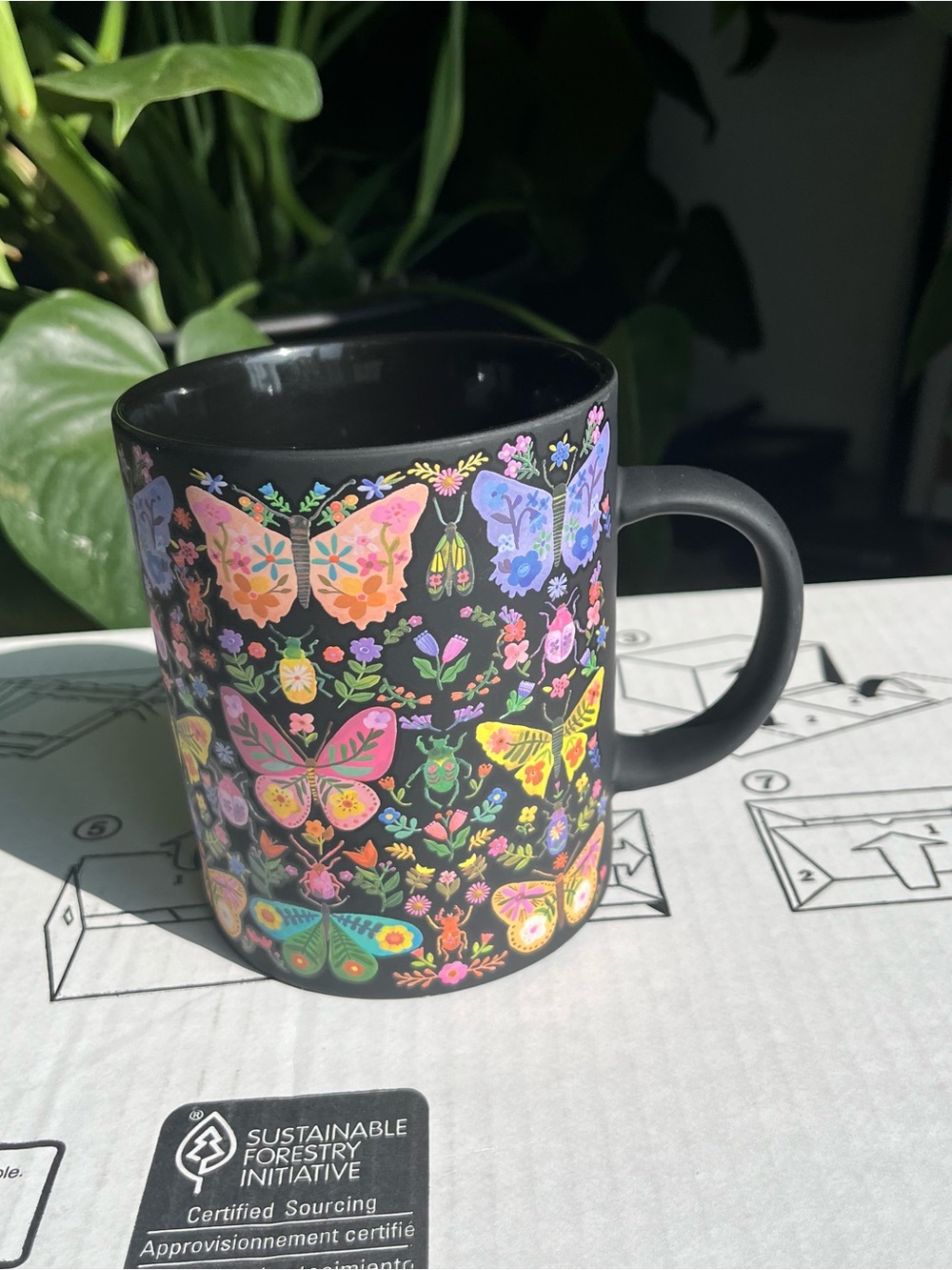 Matte Colorful Butterfly Floral Black Ceramic Mug